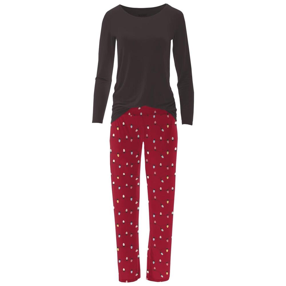 NEW KICKEE women's long sleeve relaxed pajama set in crimson holiday lights